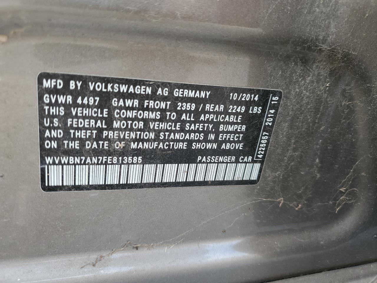 2015 Volkswagen Cc Sport VIN: WVWBN7AN7FE813585 Lot: 62876335