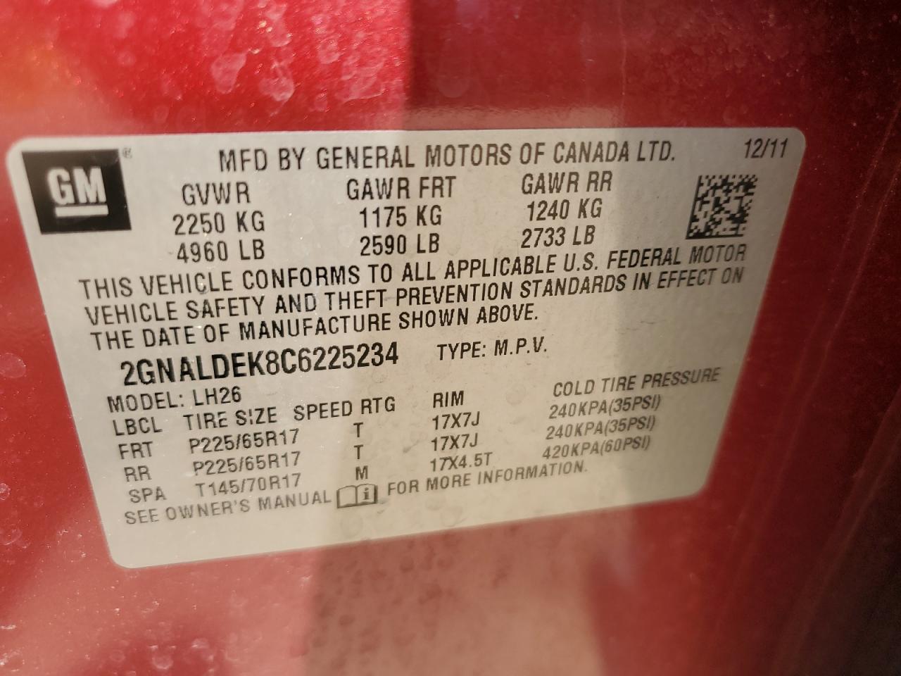 CHEVROLET EQUINOX 2012 VIN 2GNALDEK8C6225234 фото 12