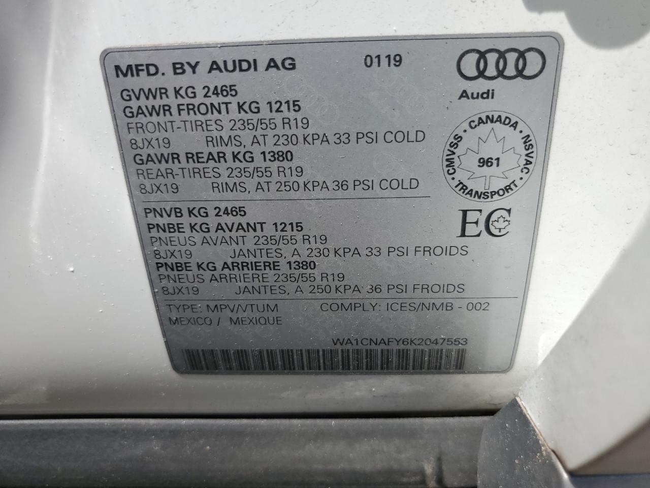 2019 Audi Q5 Prestige VIN: WA1CNAFY6K2047553 Lot: 62725085