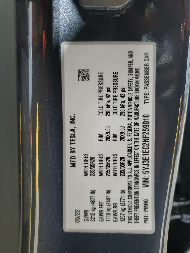 5yj3e1ec2nf259010 5YJ3E1EC2NF259010 2022 Tesla Model 3