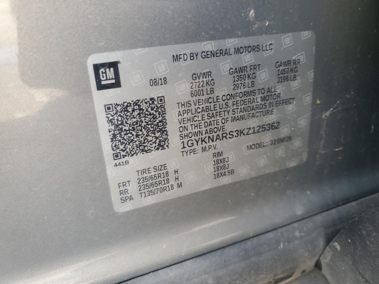 2019 Cadillac Xt5 VIN: 1GYKNARS3KZ125362 Lot: 61443345