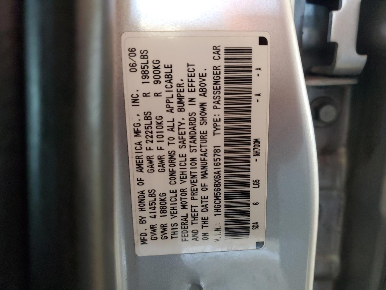 HONDA ACCORD 2006 VIN 1HGCM568X6A165781 фото 12