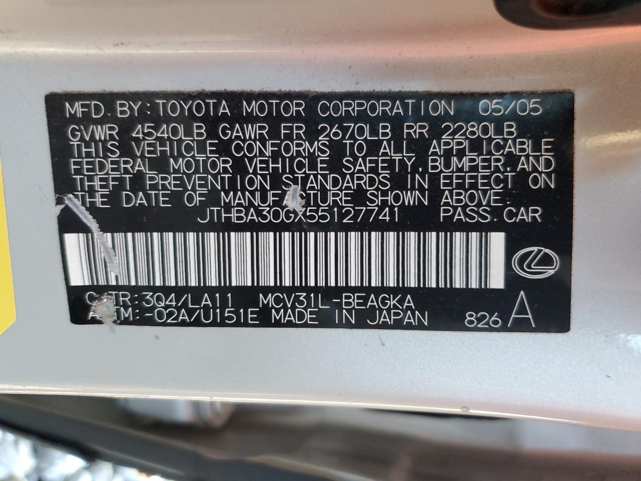 2005 Lexus Es 330 VIN: JTHBA30GX55127741 Lot: 61994905