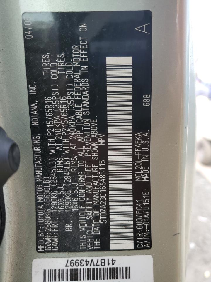2006 Toyota Sienna Ce VIN: 5TDZA23C16S485115 Lot: 58873265