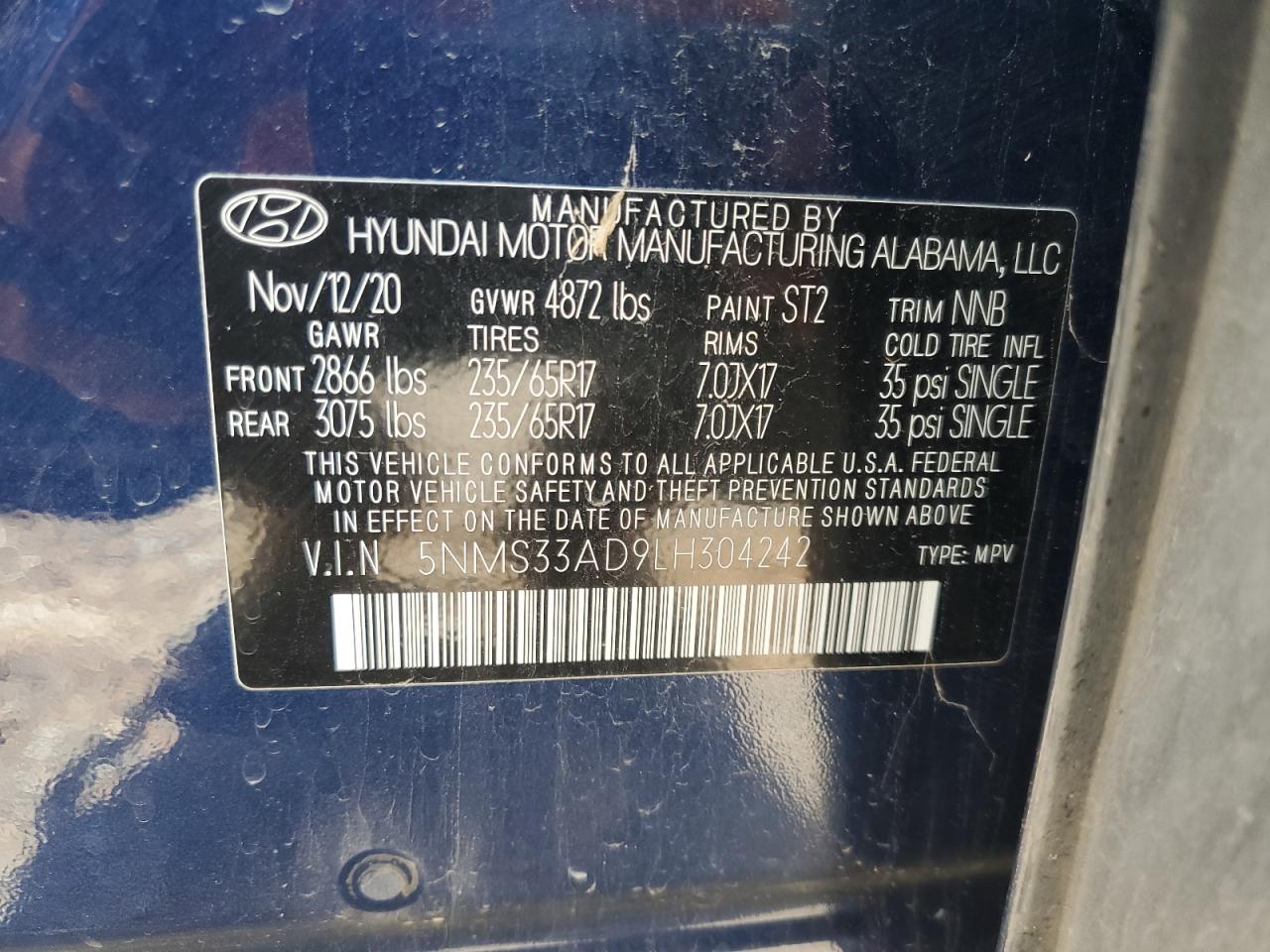 2020 Hyundai Santa Fe Sel VIN: 5NMS33AD9LH304242 Lot: 61731825