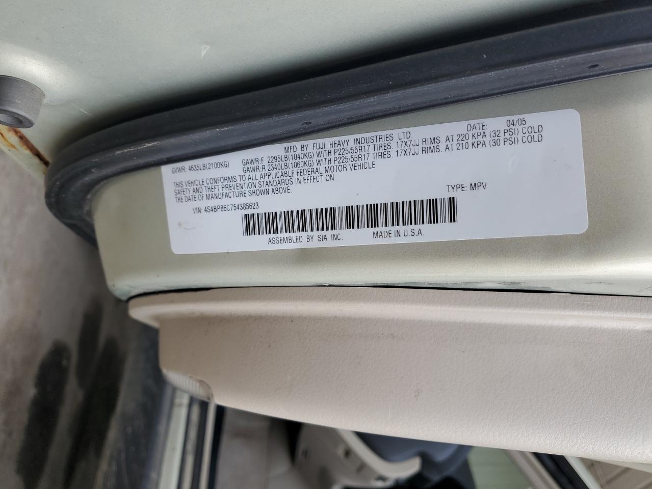 2005 Subaru Outback Outback H6 R Ll Bean VIN: 4S4BP86C754385623 Lot: 60977845