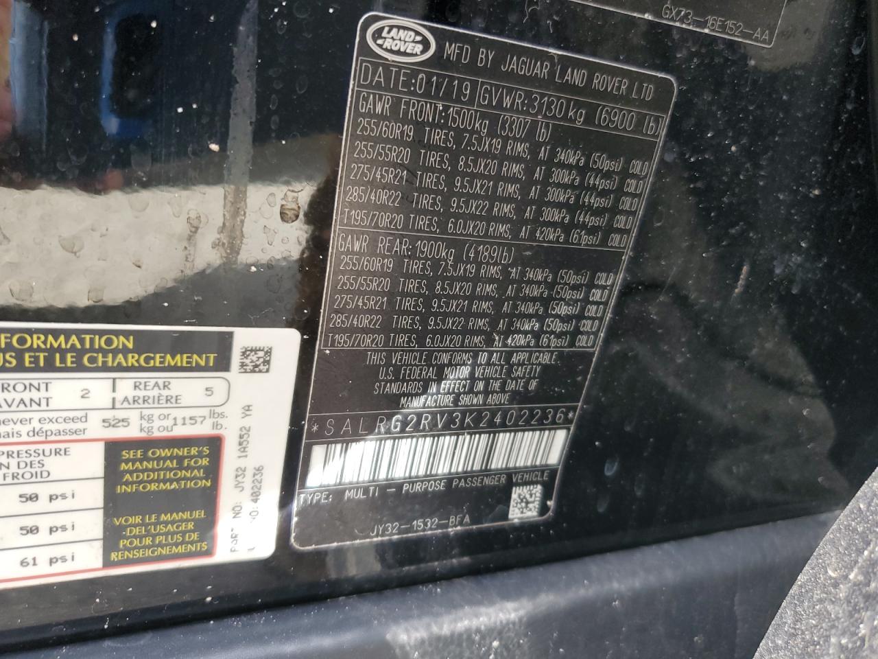 2019 Land Rover Discovery Se VIN: SALRG2RV3K2402236 Lot: 61654135