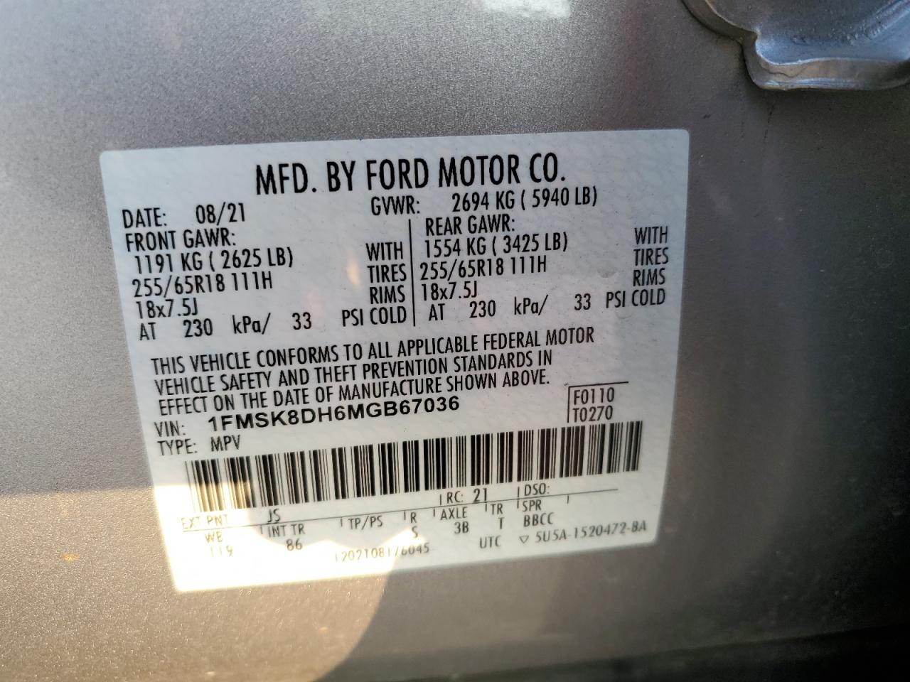 2021 Ford Explorer Xlt VIN: 1FMSK8DH6MGB67036 Lot: 62712405