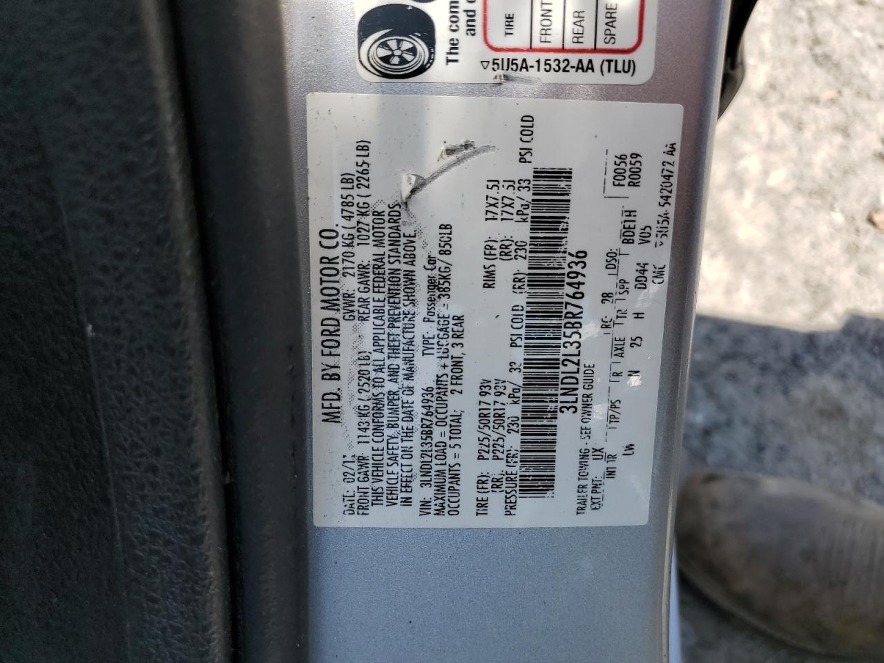 2011 Lincoln Mkz Hybrid VIN: 3LNDL2L35BR764936 Lot: 62124175