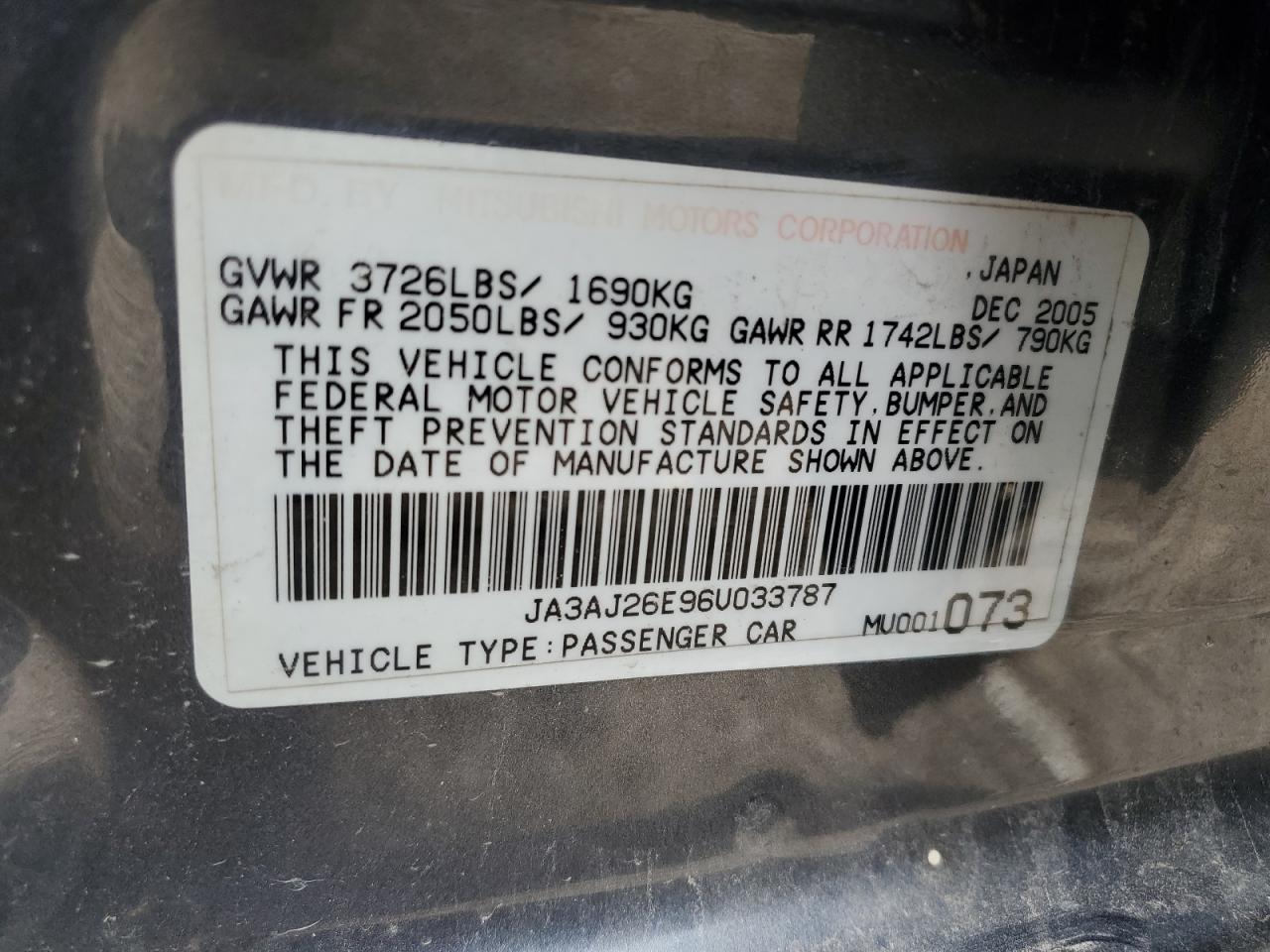2006 Mitsubishi Lancer Es VIN: JA3AJ26E96U033787 Lot: 61417165