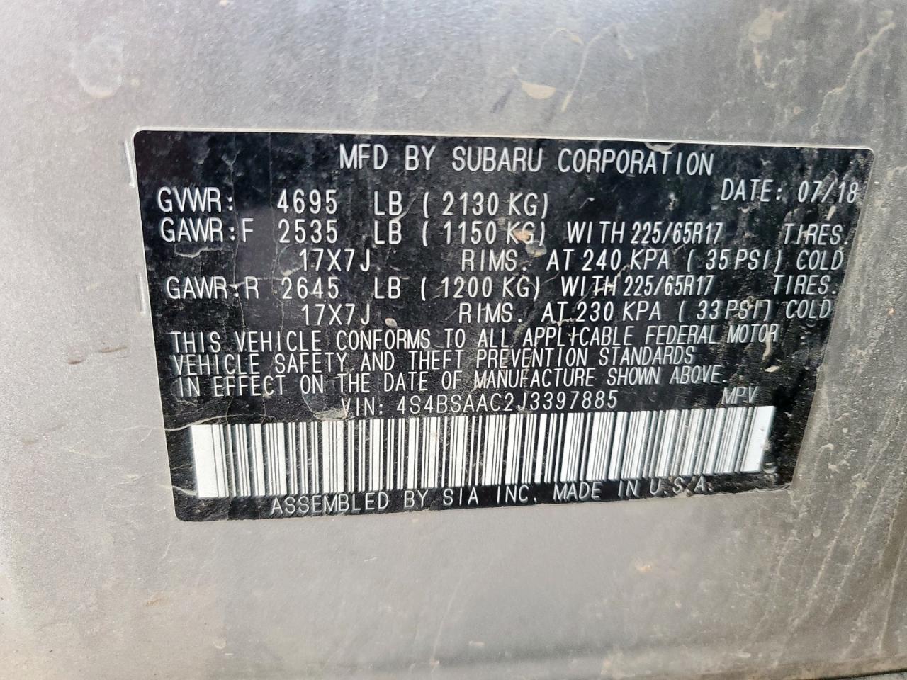 2018 Subaru Outback 2.5I VIN: 4S4BSAAC2J3397885 Lot: 62956895