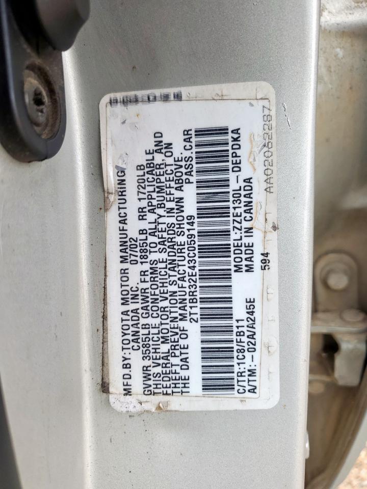 2003 Toyota Corolla Ce VIN: 2T1BR32E43C059149 Lot: 62612065