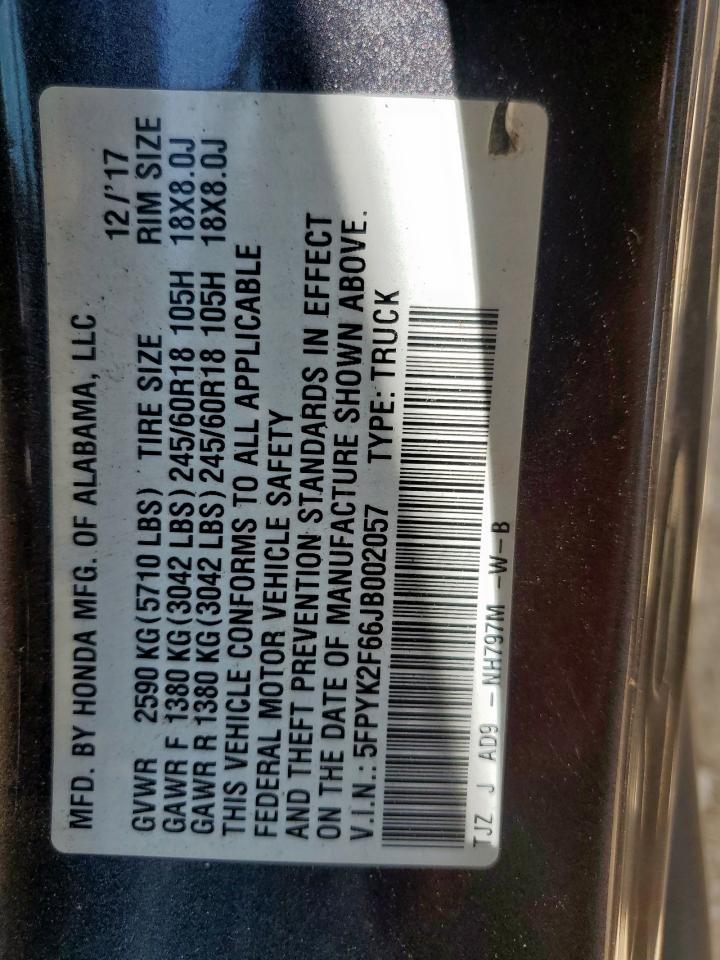 2018 Honda Ridgeline Rtl VIN: 5FPYK2F66JB002057 Lot: 61104235