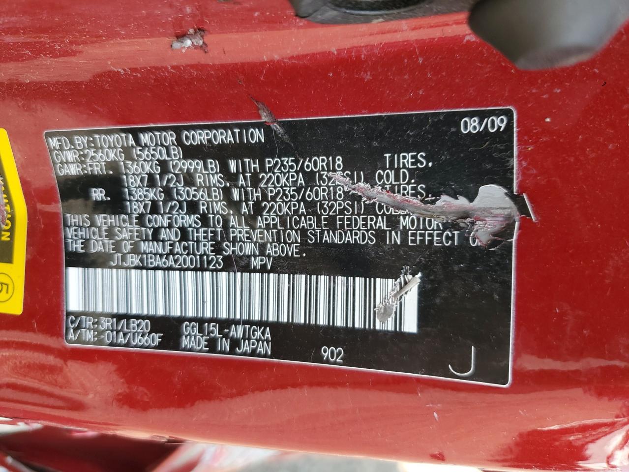 2010 Lexus Rx 350 VIN: JTJBK1BA6A2001123 Lot: 62035115