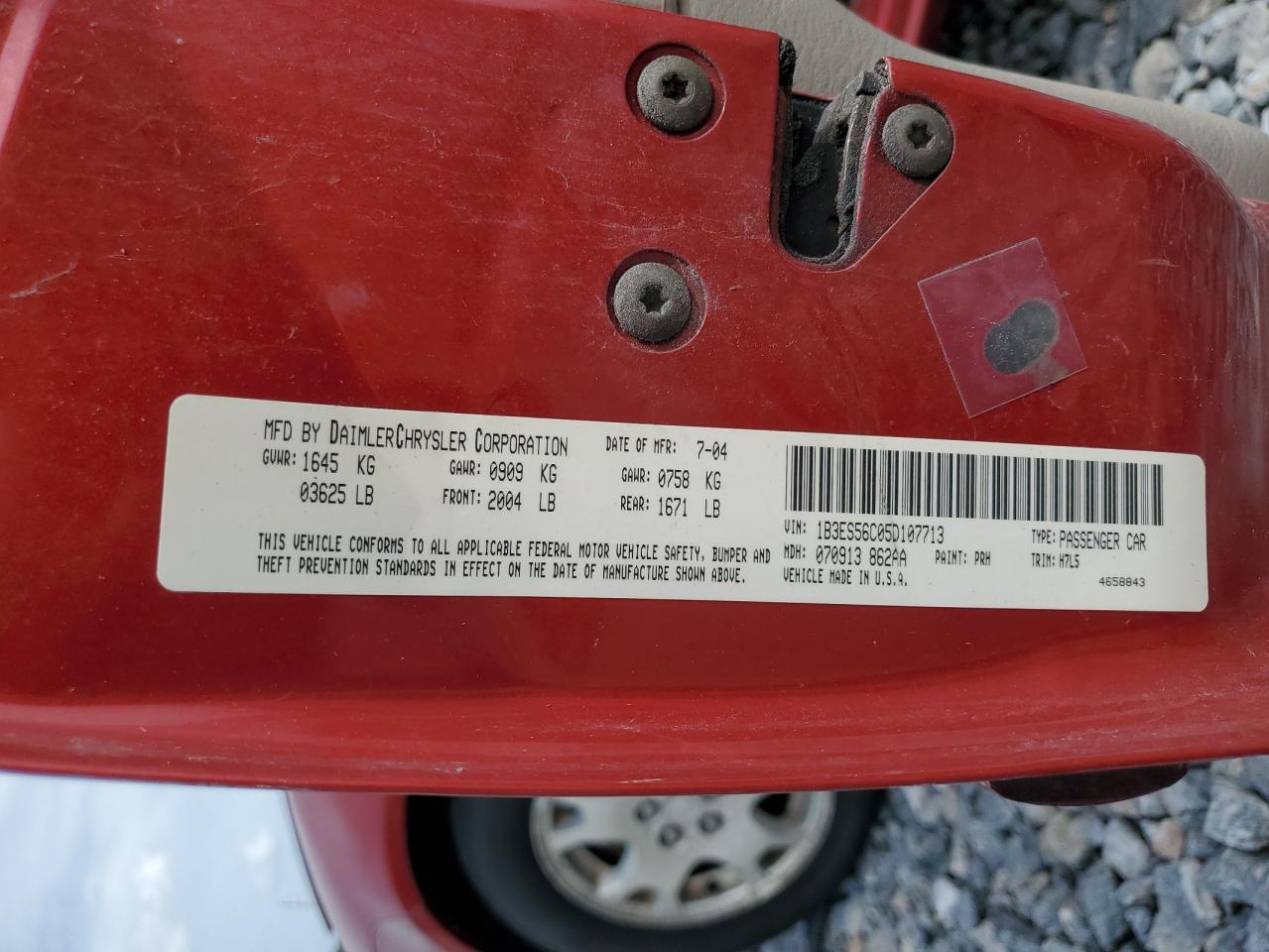 2005 Dodge Neon Sxt VIN: 1B3ES56C05D107713 Lot: 59568885