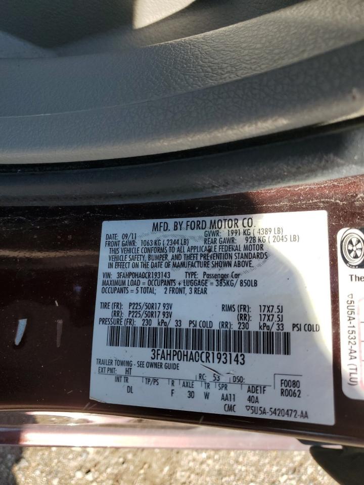 2012 Ford Fusion Se VIN: 3FAHP0HA0CR193143 Lot: 62696565