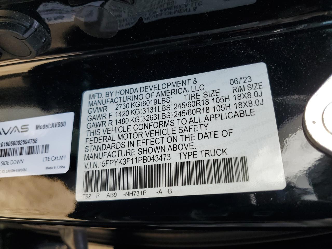 2023 Honda Ridgeline Sport VIN: 5FPYK3F11PB043473 Lot: 62365625