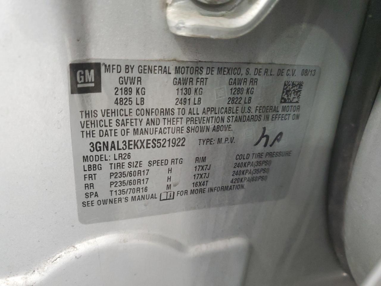 2014 Chevrolet Captiva Lt VIN: 3GNAL3EKXES521922 Lot: 60797065