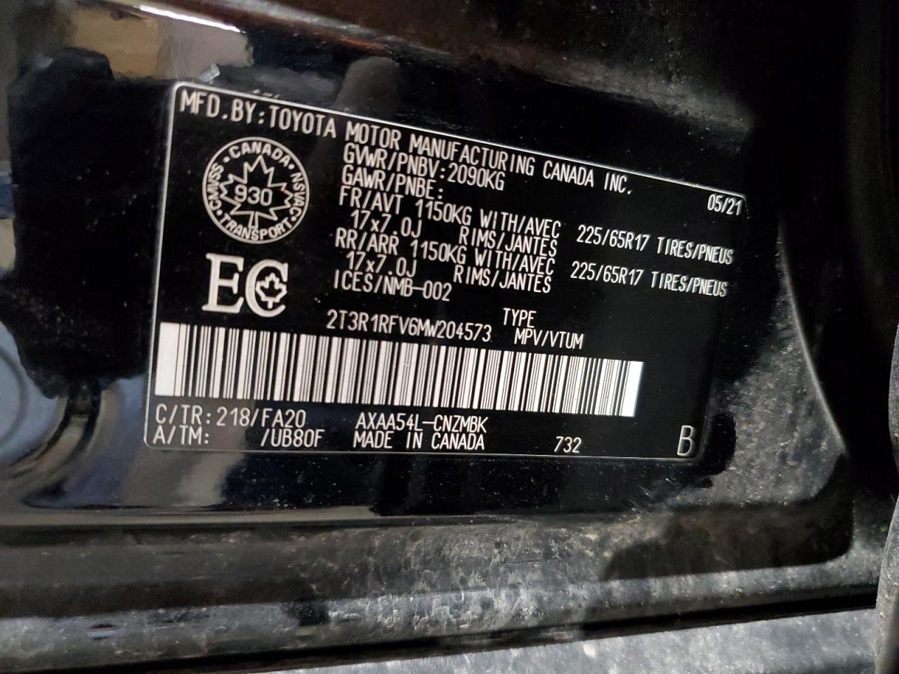 2021 Toyota Rav4 Xle VIN: 2T3R1RFV6MW204573 Lot: 60400465