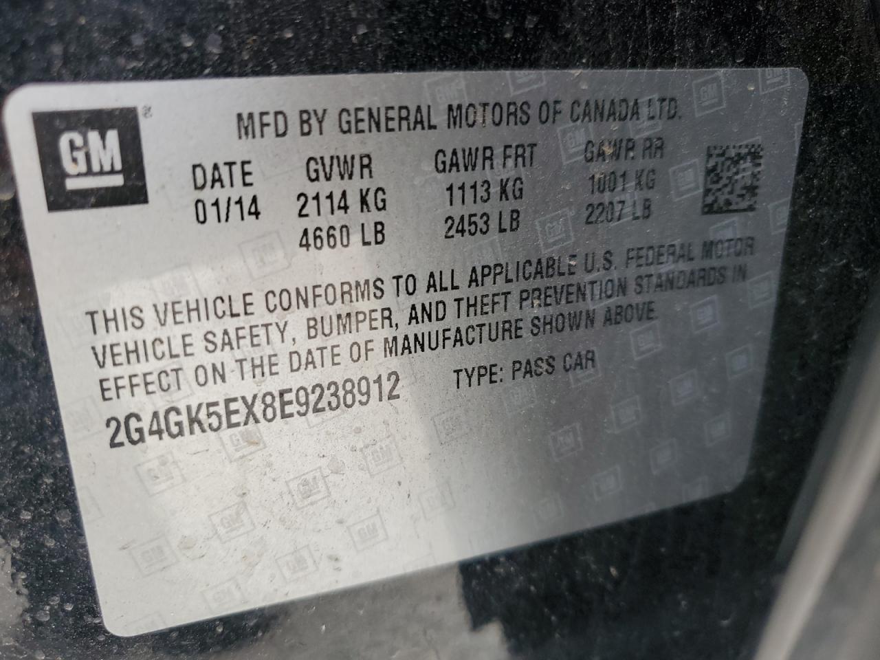 2014 Buick Regal VIN: 2G4GK5EX8E9238912 Lot: 60650155
