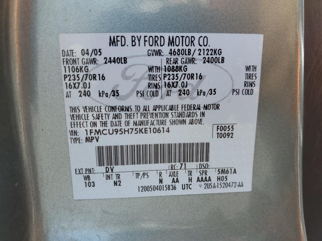 2005 Ford Escape Hev VIN: 1FMCU95H75KE10614 Lot: 58187155