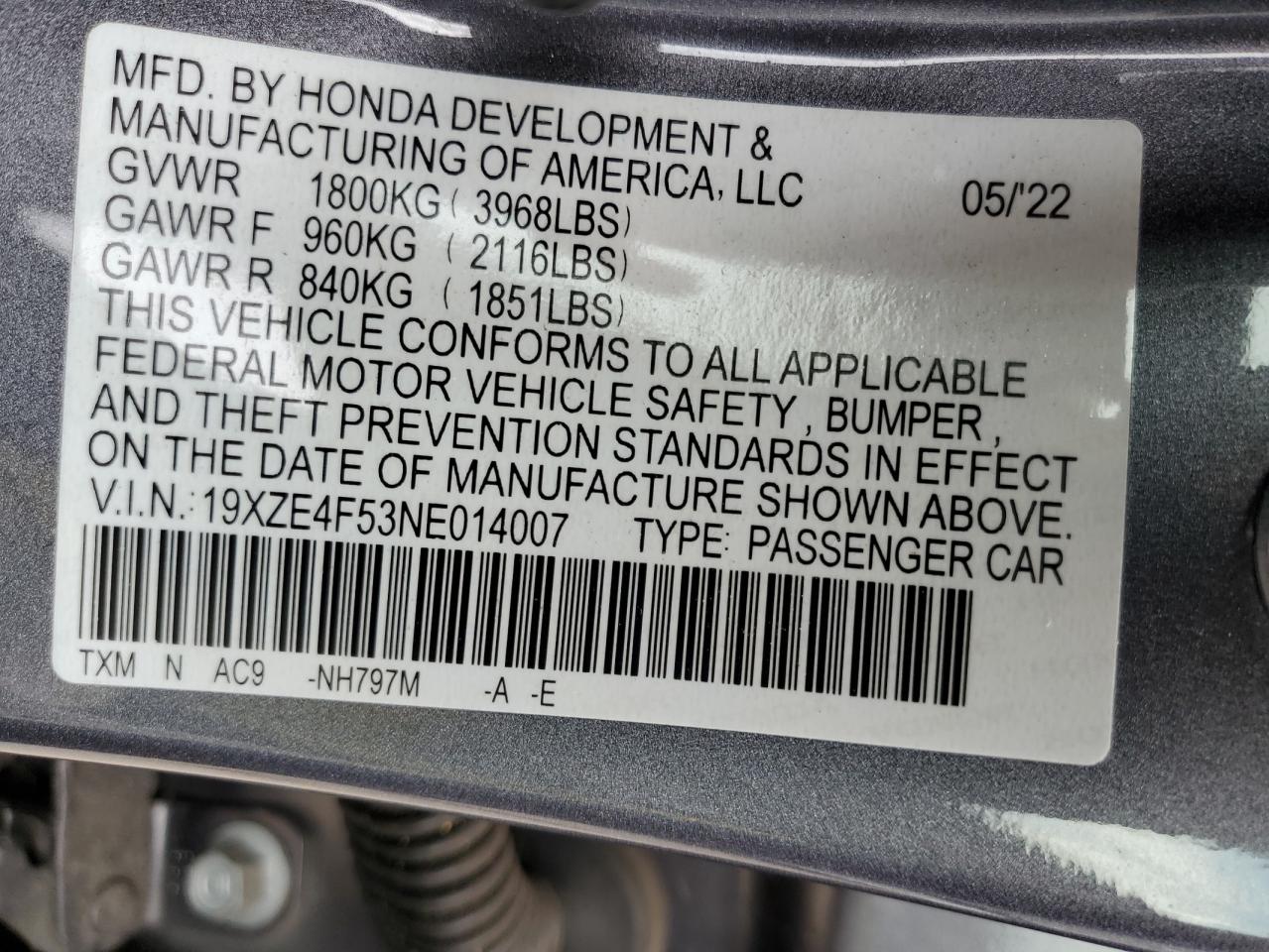 2022 Honda Insight Ex VIN: 19XZE4F53NE014007 Lot: 62350275