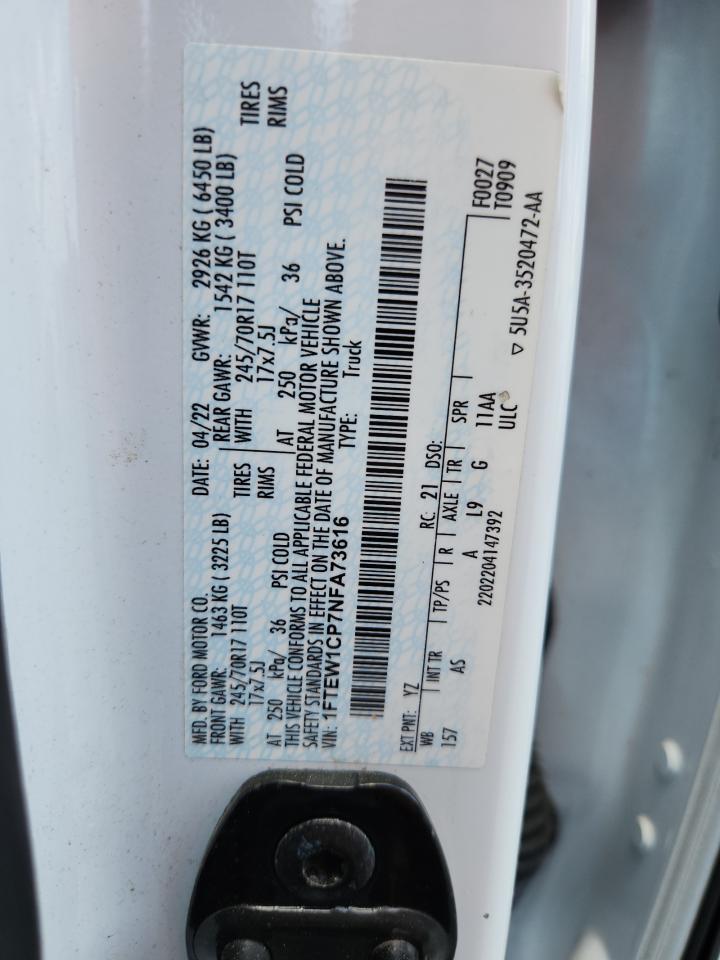 2022 Ford F150 Supercrew VIN: 1FTEW1CP7NFA73616 Lot: 62981545