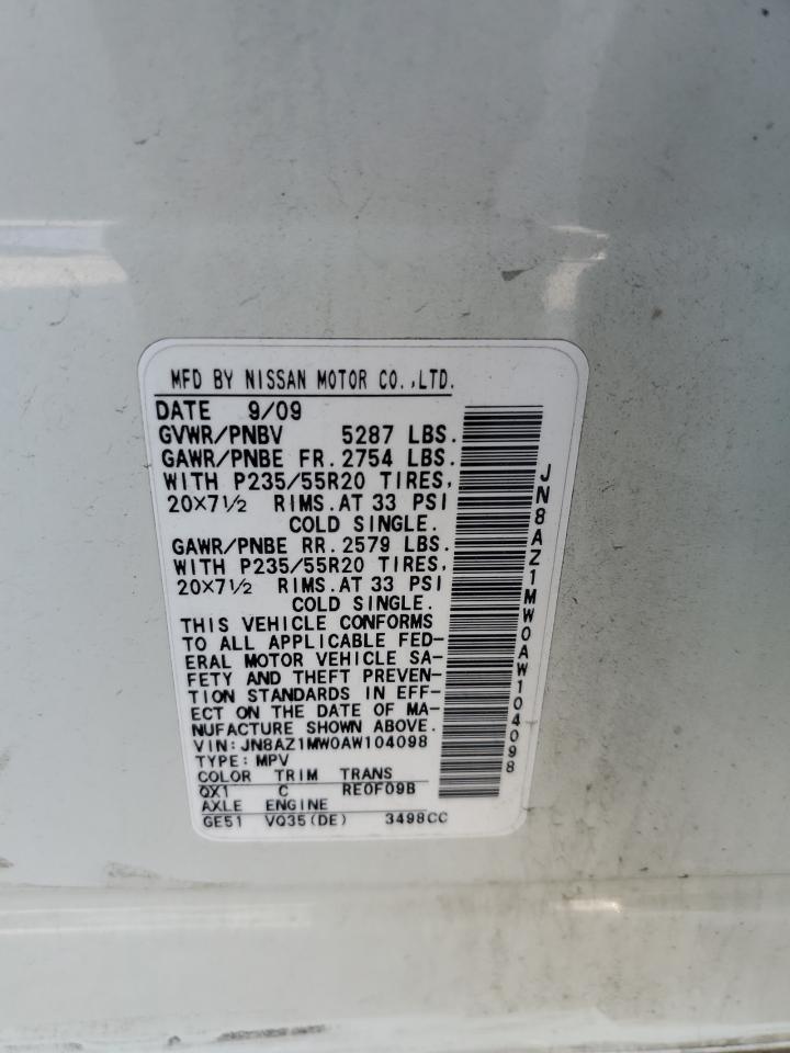 2010 Nissan Murano S VIN: JN8AZ1MW0AW104098 Lot: 59209675