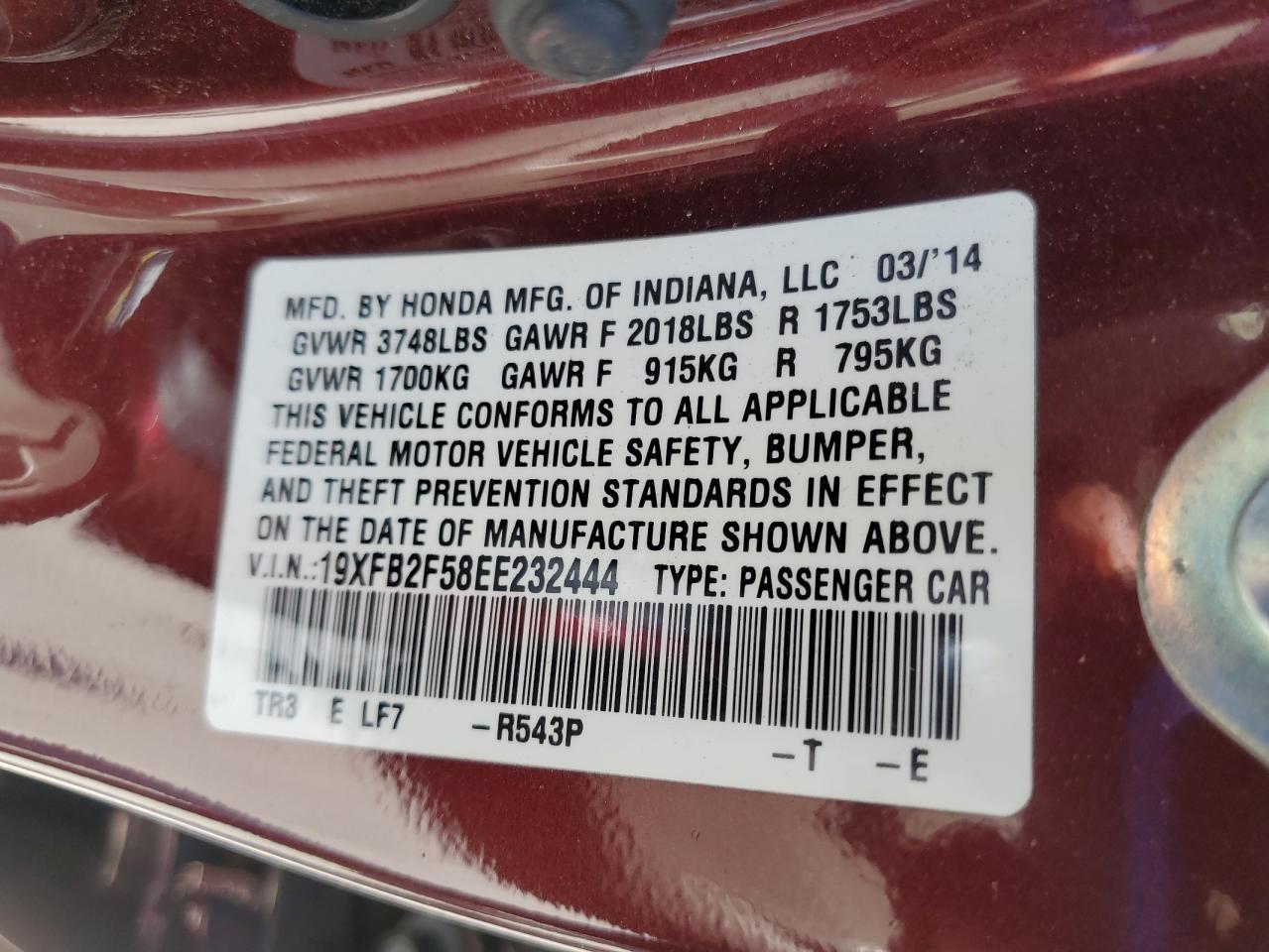 2014 Honda Civic Lx VIN: 19XFB2F58EE232444 Lot: 62185385