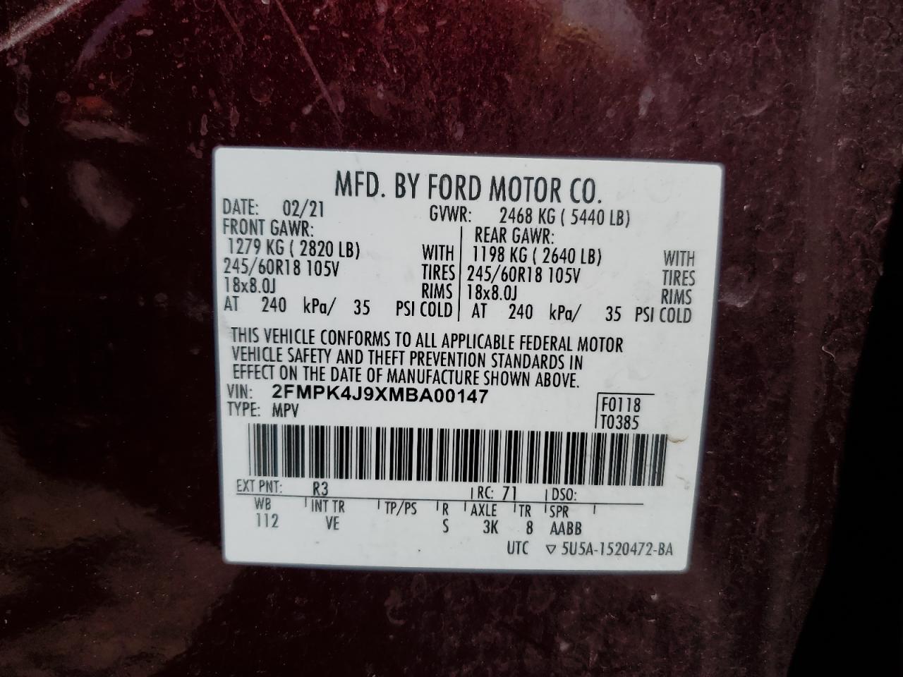 2FMPK4J9XMBA00147 FORD EDGE 2021
