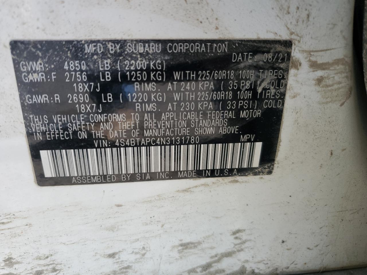 2022 Subaru Outback Touring VIN: 4S4BTAPC4N3131780 Lot: 62855265