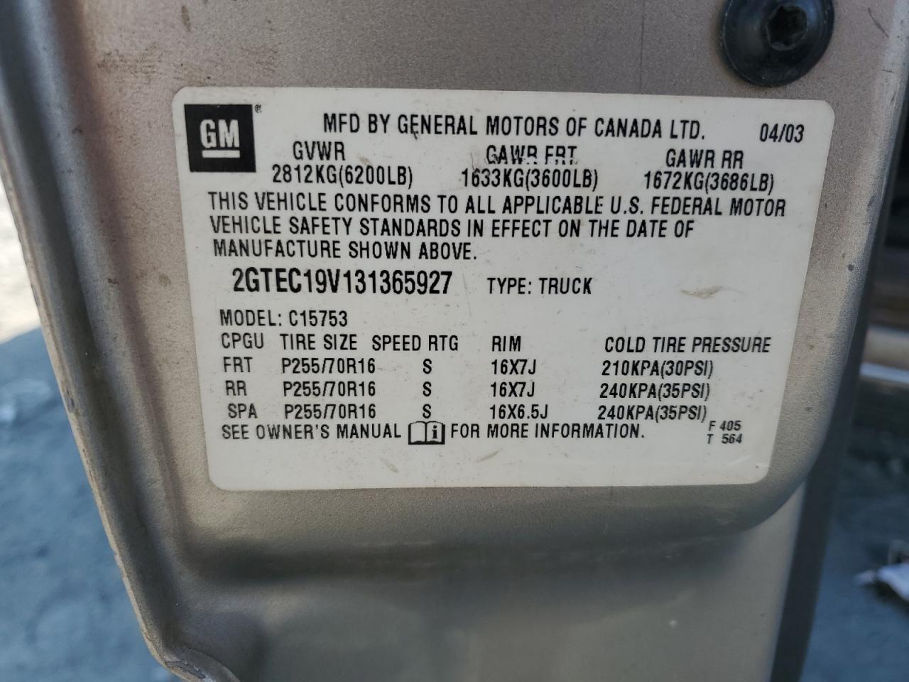 2003 GMC New Sierra C1500 VIN: 2GTEC19V131365927 Lot: 62134075