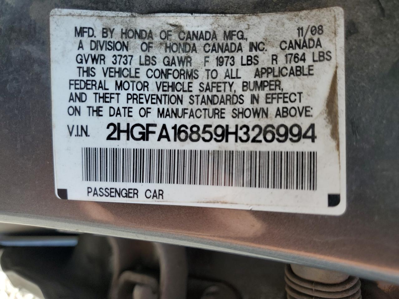 2009 Honda Civic Ex VIN: 2HGFA16859H326994 Lot: 61412485