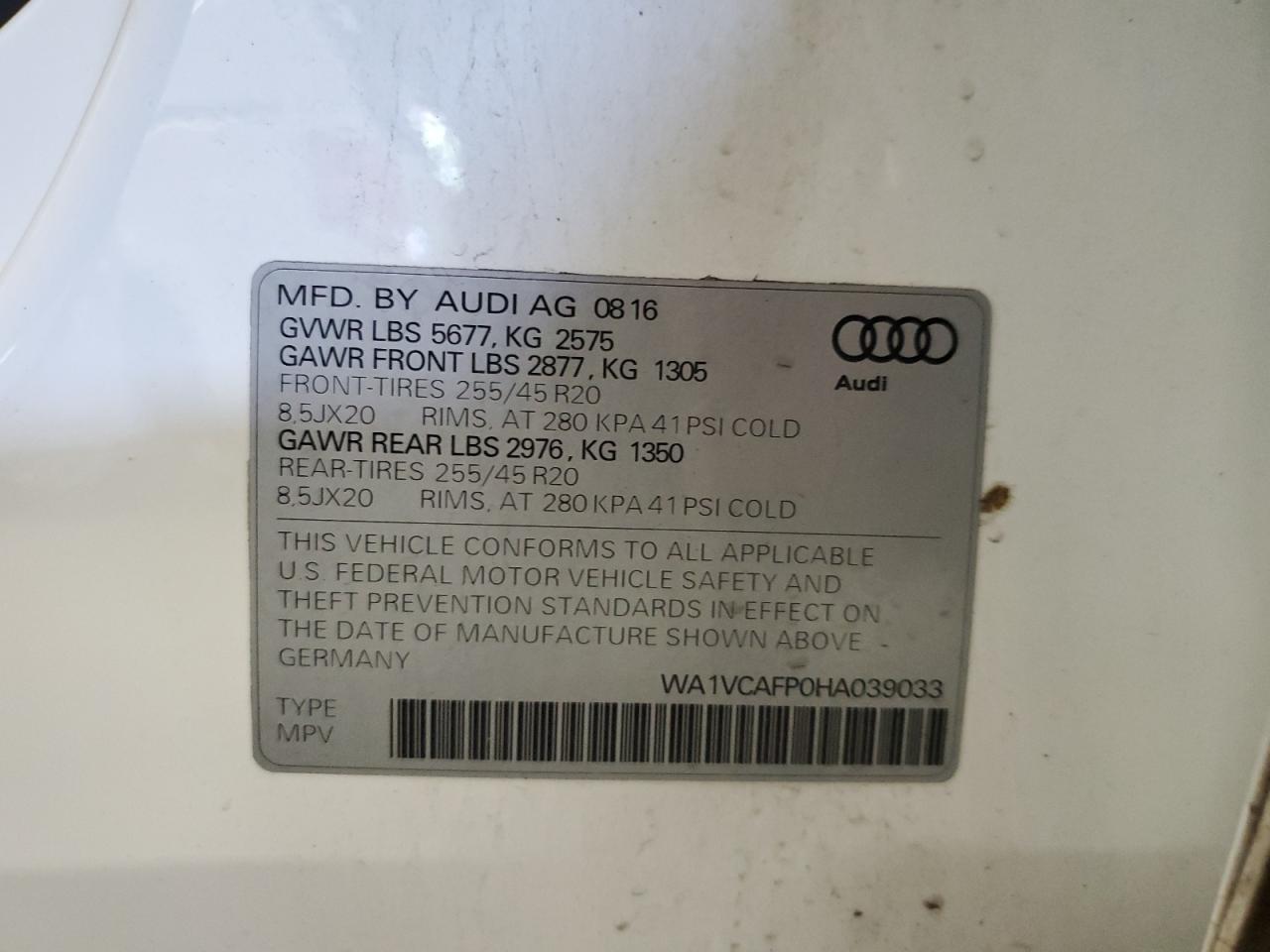 2017 Audi Sq5 Prestige VIN: WA1VCAFP0HA039033 Lot: 61643175
