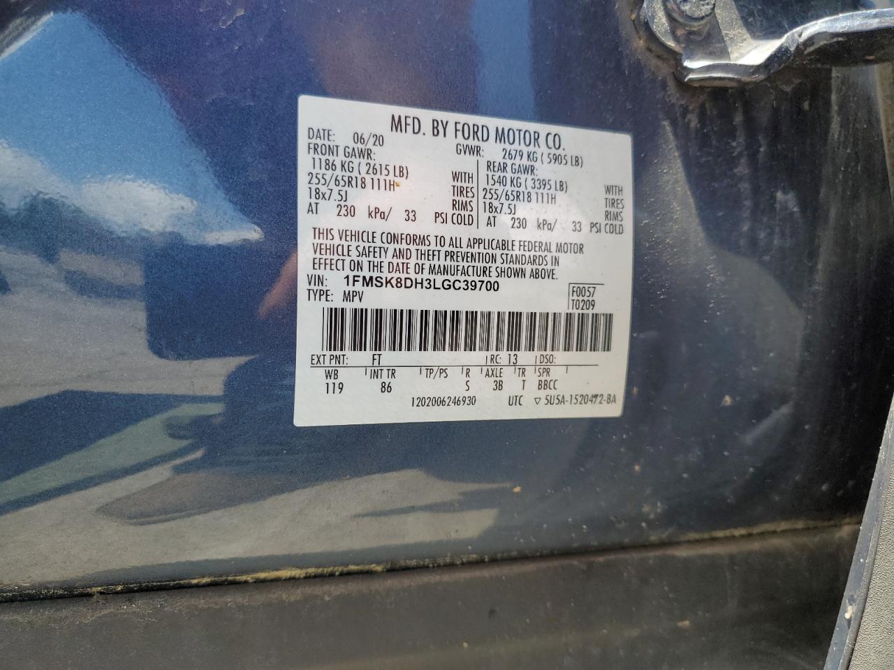 VIN: 1FMSK8DH3LGC39700 2020 FORD EXPLORER