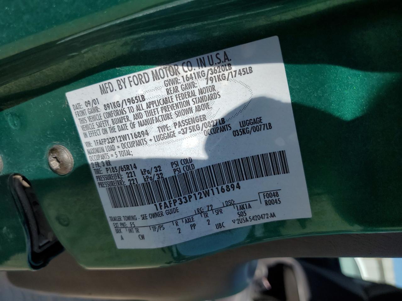 2002 Ford Focus Lx VIN: 1FAFP33P12W116894 Lot: 60923905