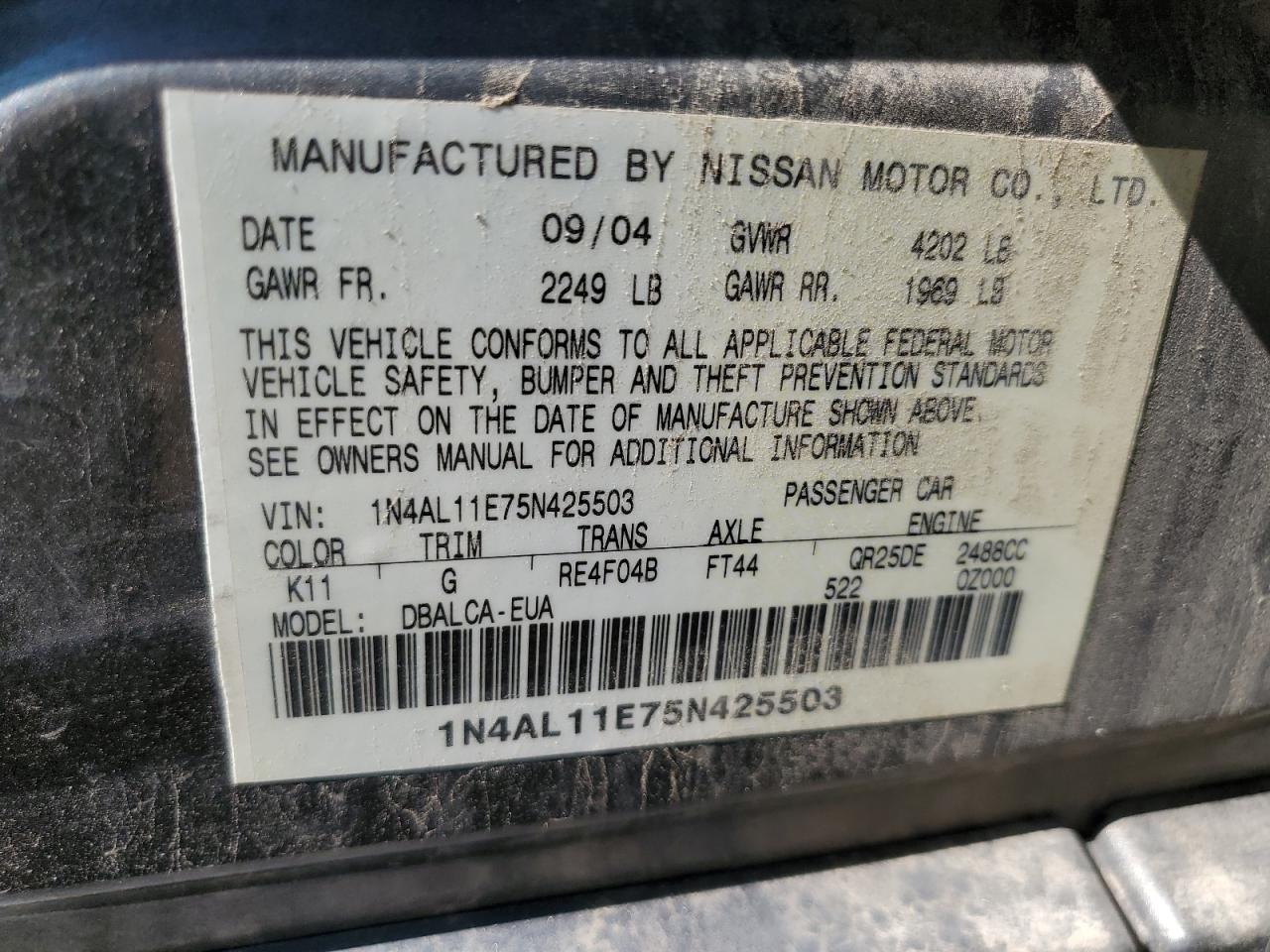 2005 Nissan Altima S VIN: 1N4AL11E75N425503 Lot: 60458385