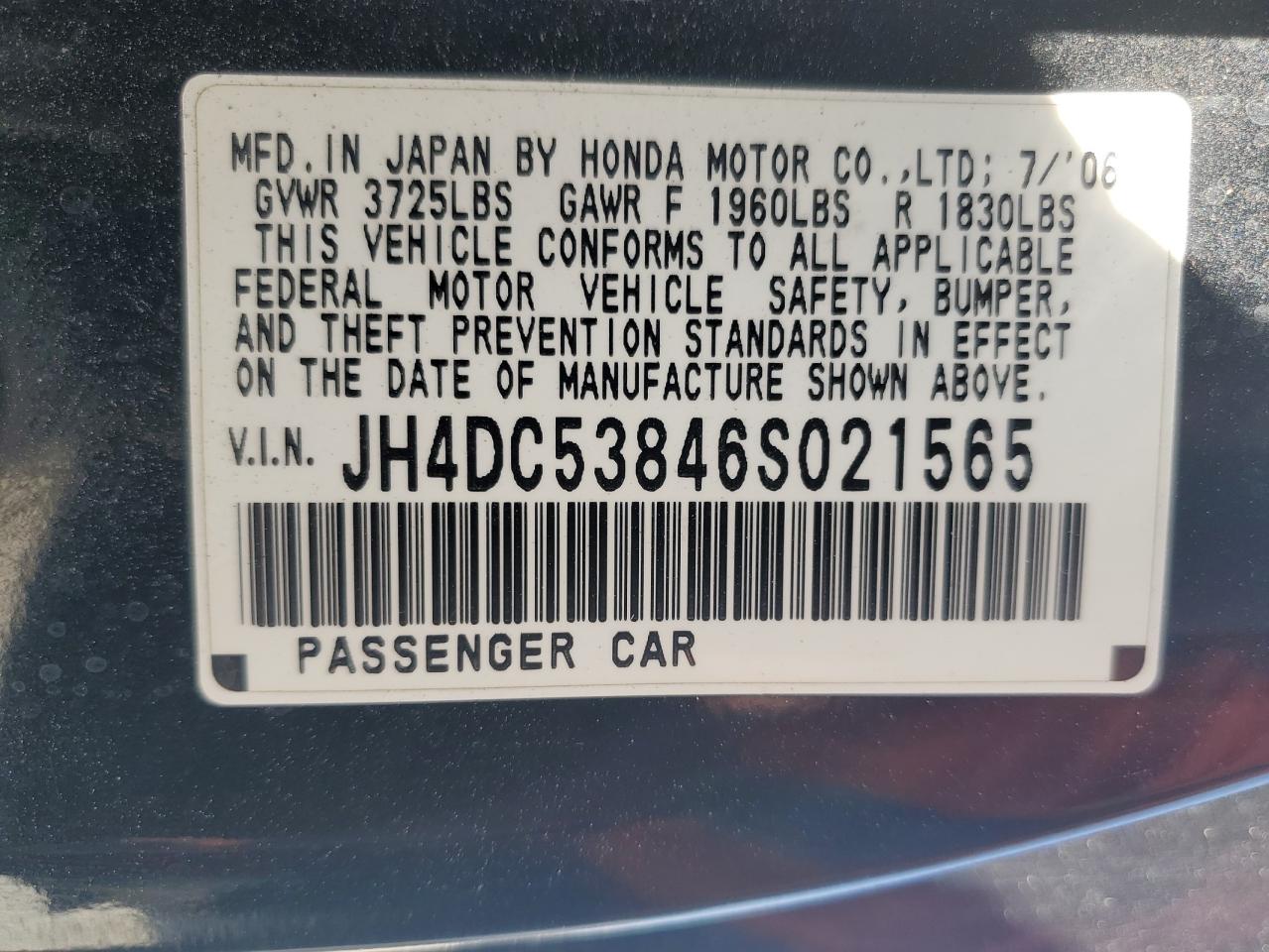 2006 Acura Rsx VIN: JH4DC53846S021565 Lot: 61088745