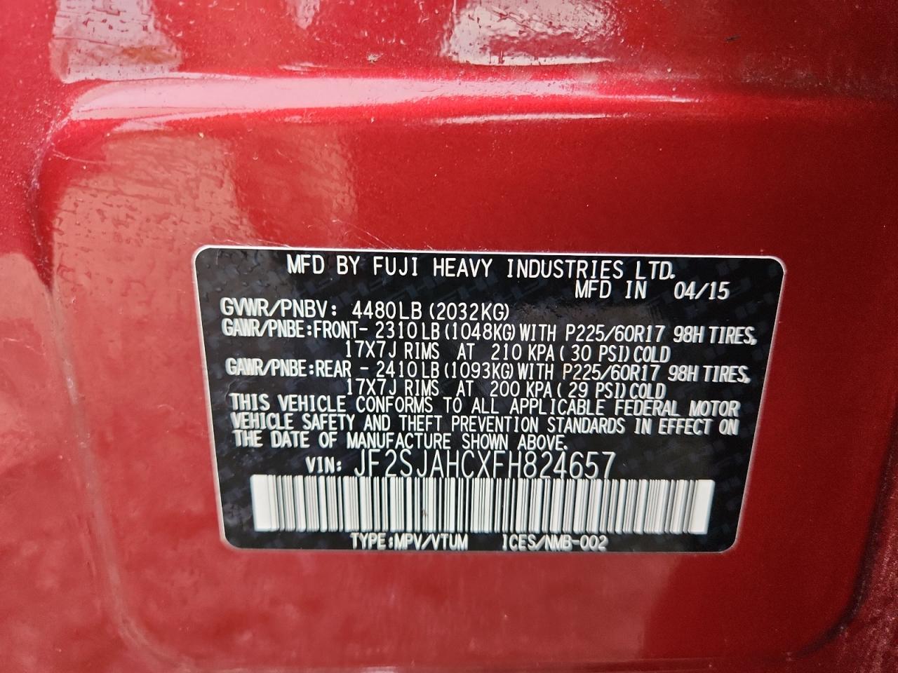 2015 Subaru Forester 2.5I Limited VIN: JF2SJAHCXFH824657 Lot: 61471535