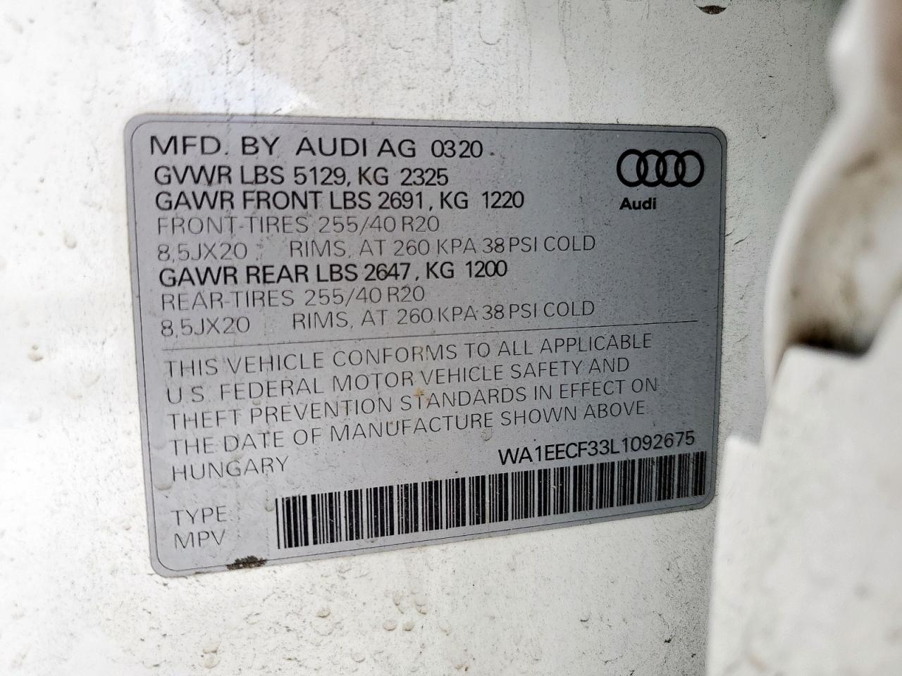 2020 Audi Q3 Premium Plus S-Line VIN: WA1EECF33L1092675 Lot: 61617965