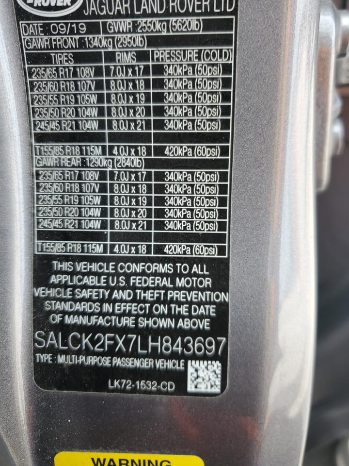 2020 Land Rover Discovery Sport VIN: SALCK2FX7LH843697 Lot: 59863245