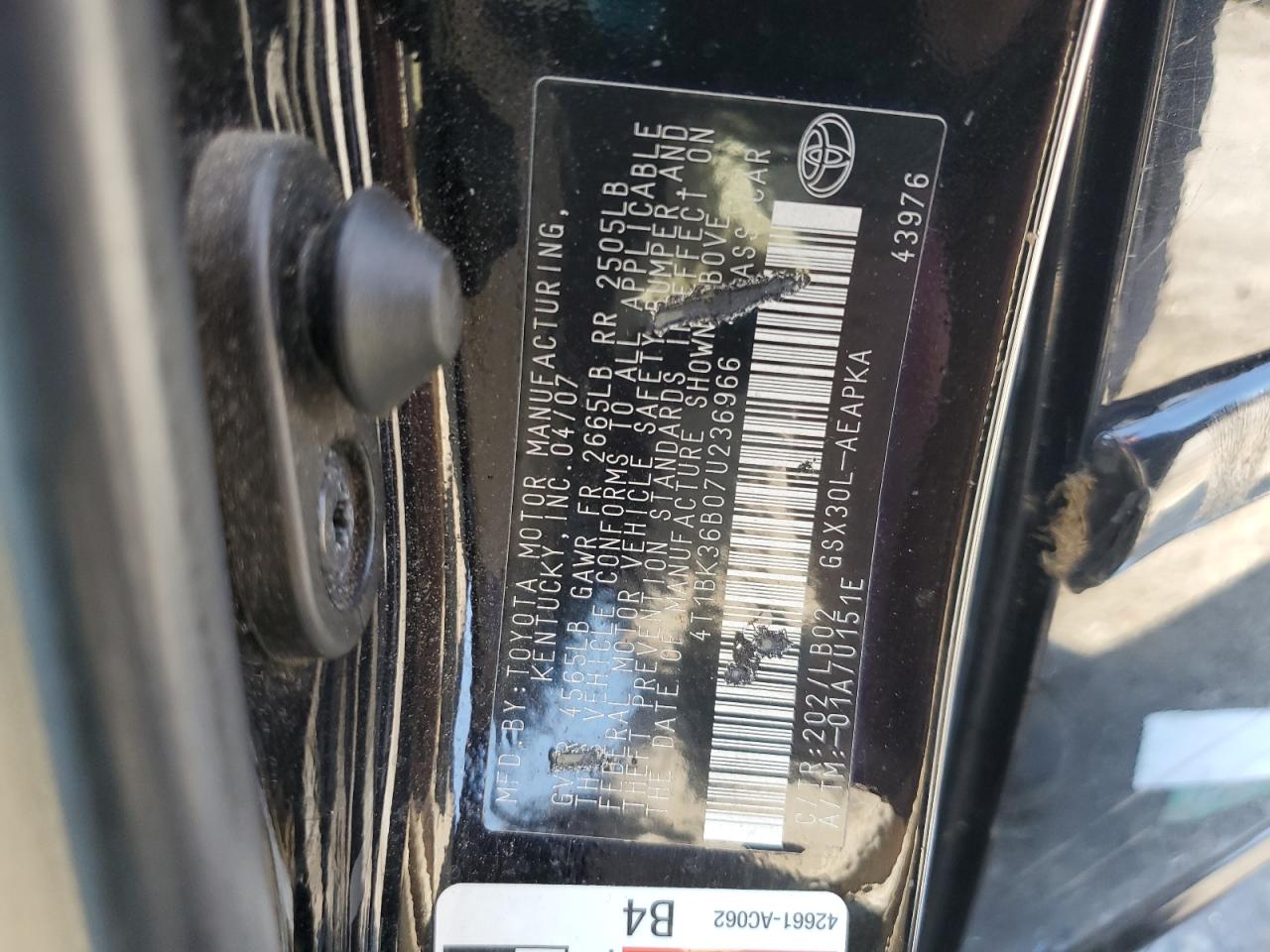 2007 Toyota Avalon Xl VIN: 4T1BK36B07U236966 Lot: 63041445