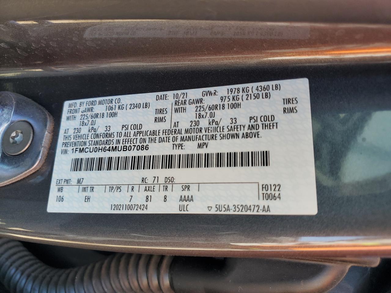 2021 Ford Escape Sel VIN: 1FMCU0H64MUB07086 Lot: 62757275