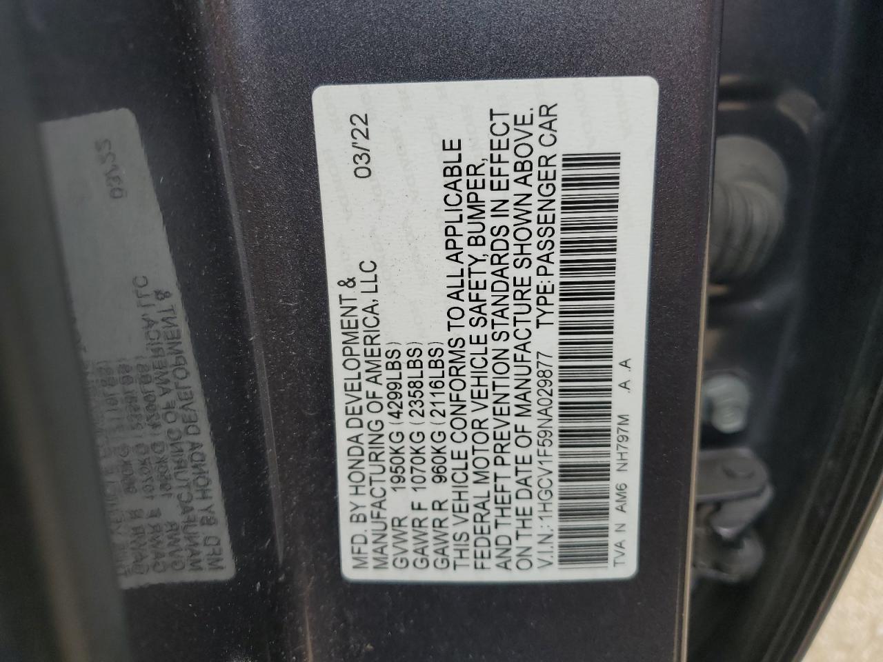 1HGCV1F59NA029877 HONDA ACCORD 2022