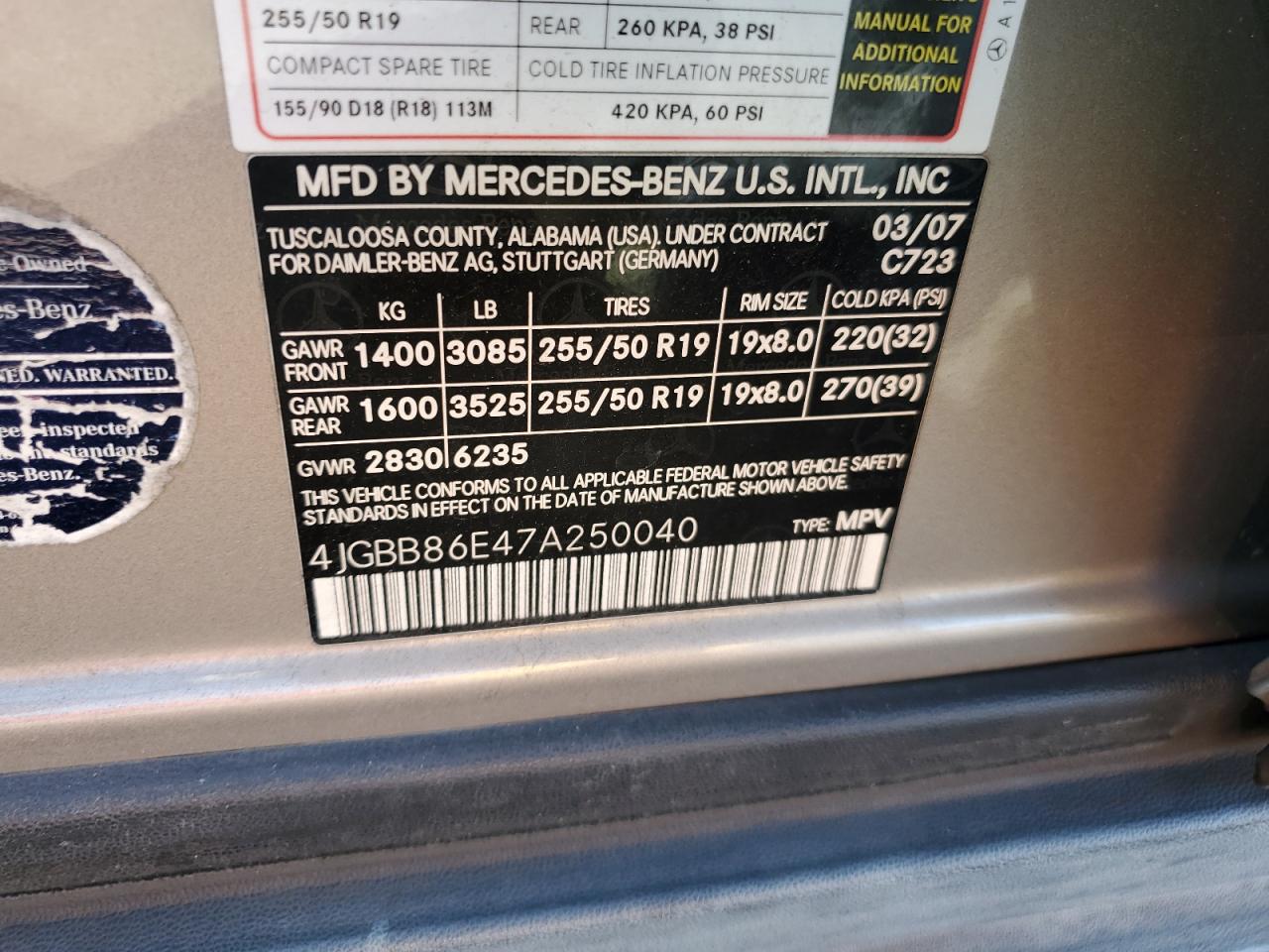 2007 Mercedes-Benz Ml 350 VIN: 4JGBB86E47A250040 Lot: 62275385