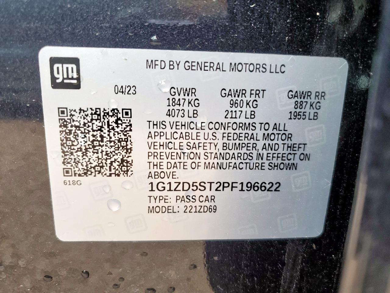 2023 Chevrolet Malibu Lt VIN: 1G1ZD5ST2PF196622 Lot: 59815405