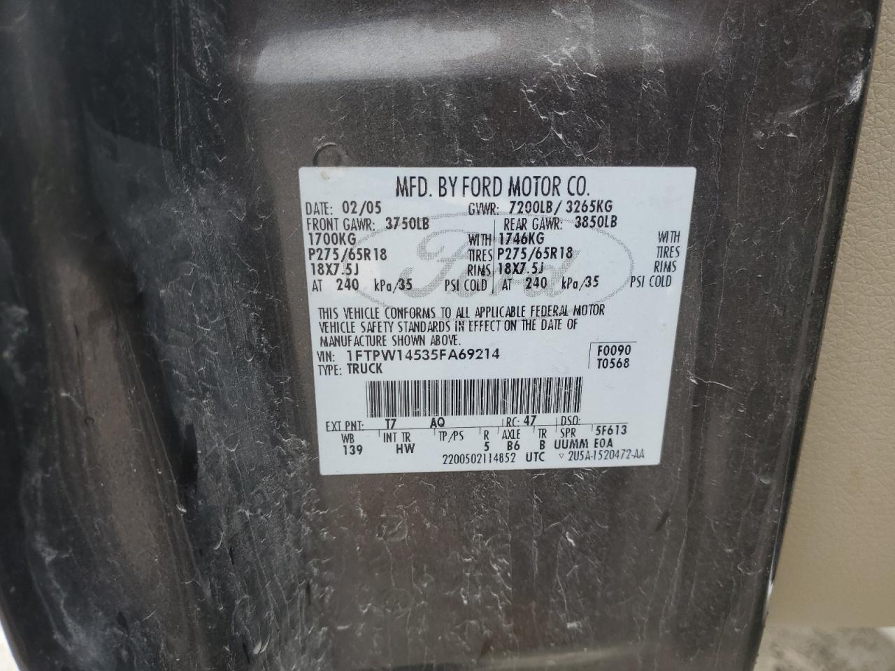 2005 Ford F150 Supercrew VIN: 1FTPW14535FA69214 Lot: 62330875
