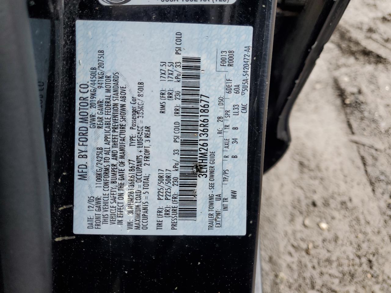 2006 Lincoln Zephyr VIN: 3LNHM26136R618677 Lot: 61392595