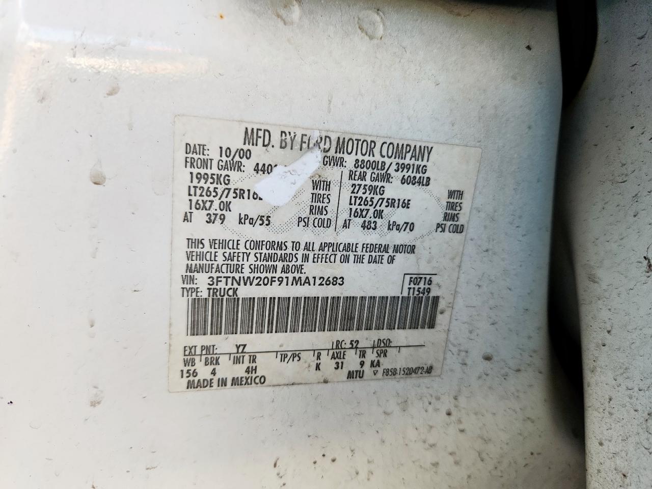 2001 Ford F250 Super Duty VIN: 3FTNW20F91MA12683 Lot: 61993235