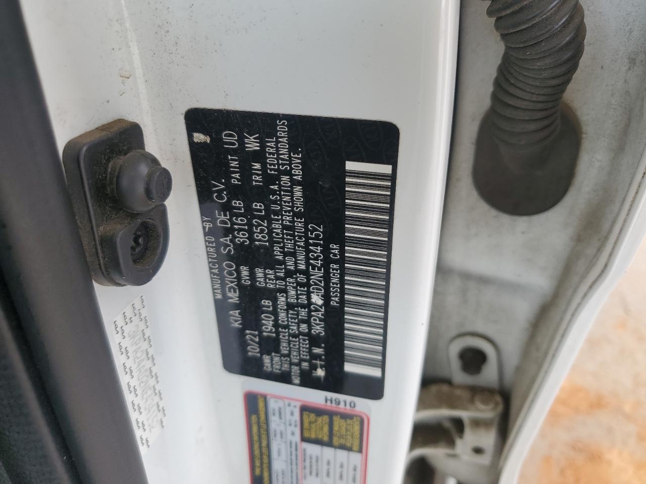 2022 Kia Rio Lx VIN: 3KPA24AD2NE434152 Lot: 62543995